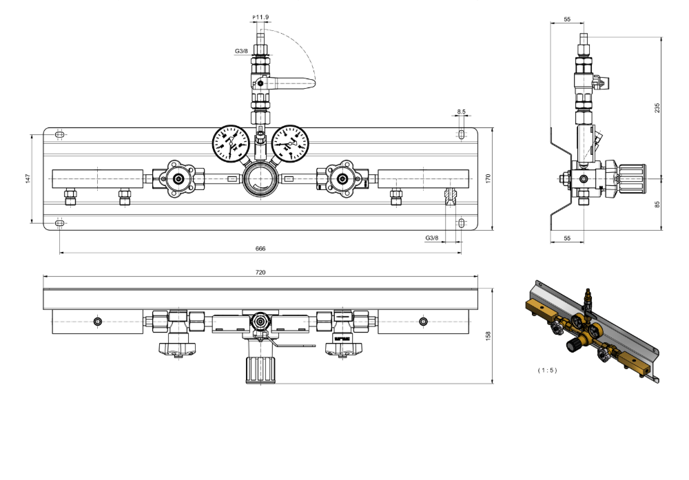 Gas Manifold 2x2 for Argon/Nitrogen with high flow rate AES